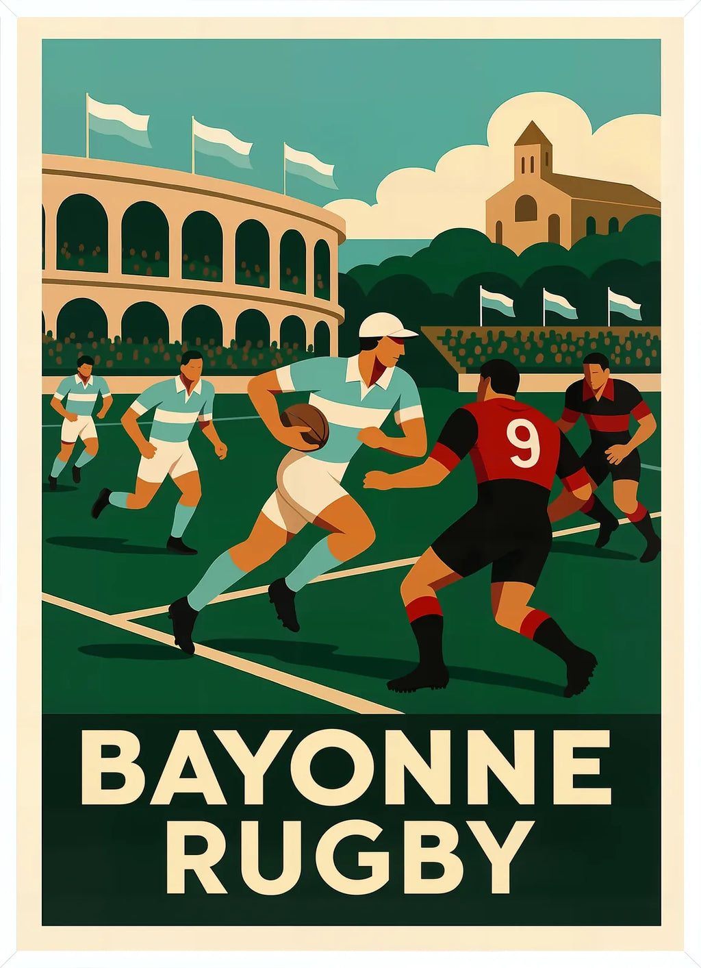 Tackle d un joueur de rugby en cadre blanc fin, look minimal et net