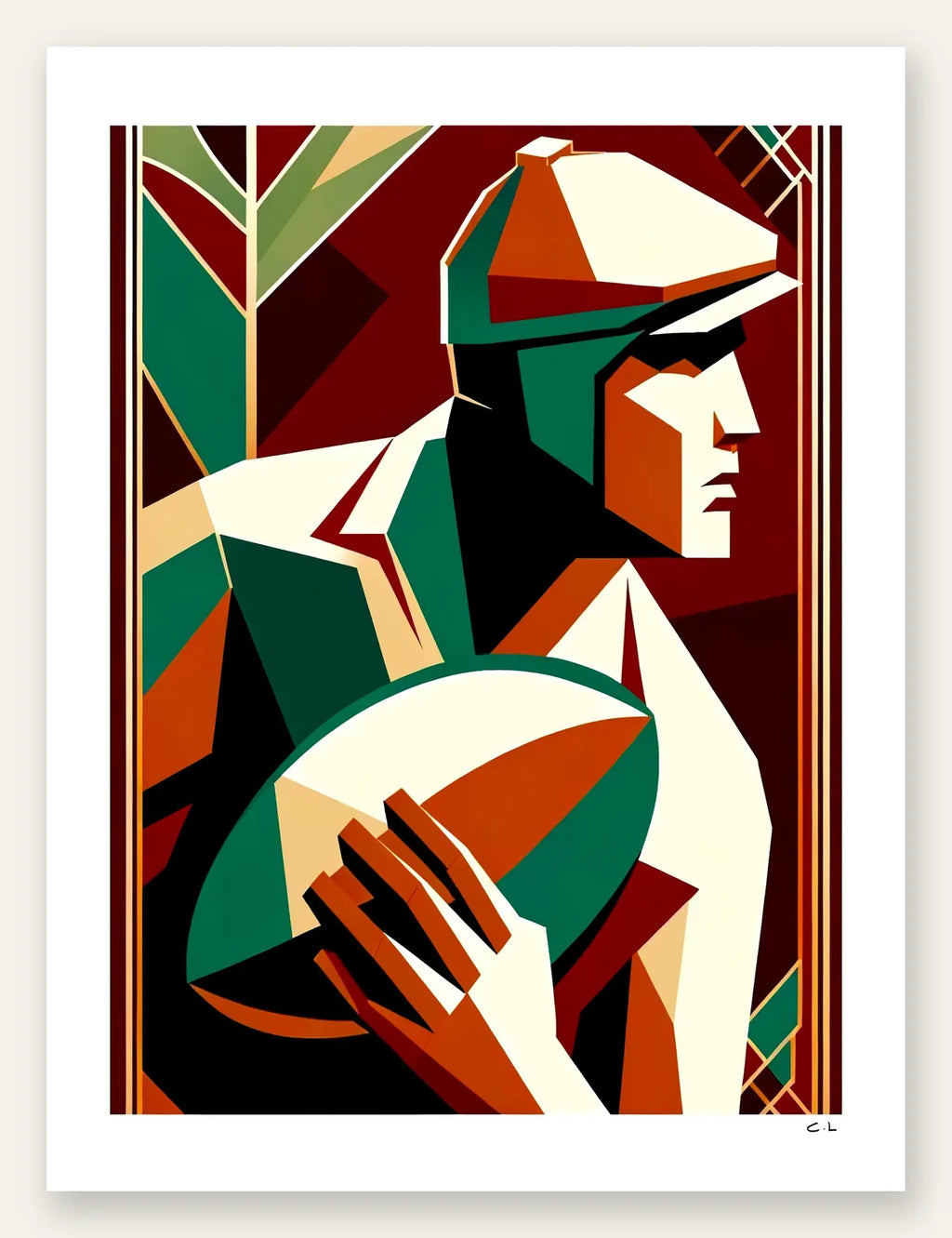 Affiche rugby art deco, joueur cubiste serrant le ballon ovale rouge et vert
