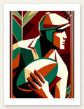 Affiche rugby art deco, joueur cubiste serrant le ballon ovale rouge et vert