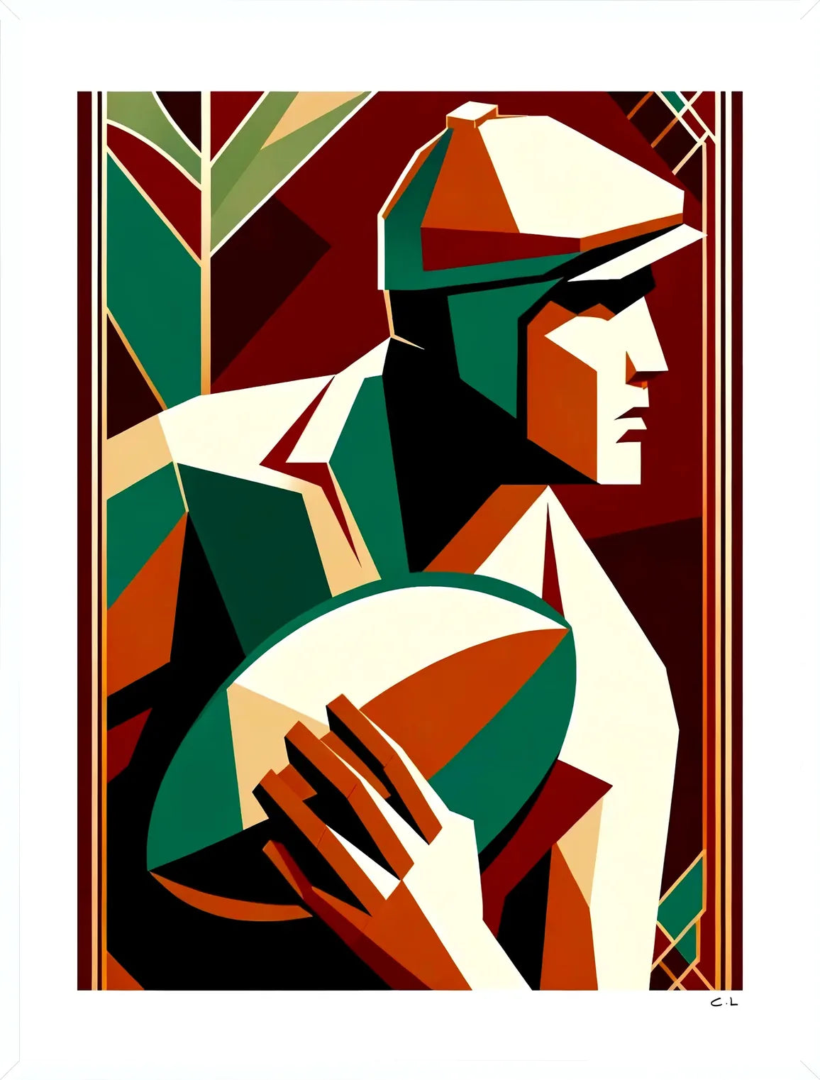 Cadre blanc epure presentant l'affiche rugby art deco au ballon ovale