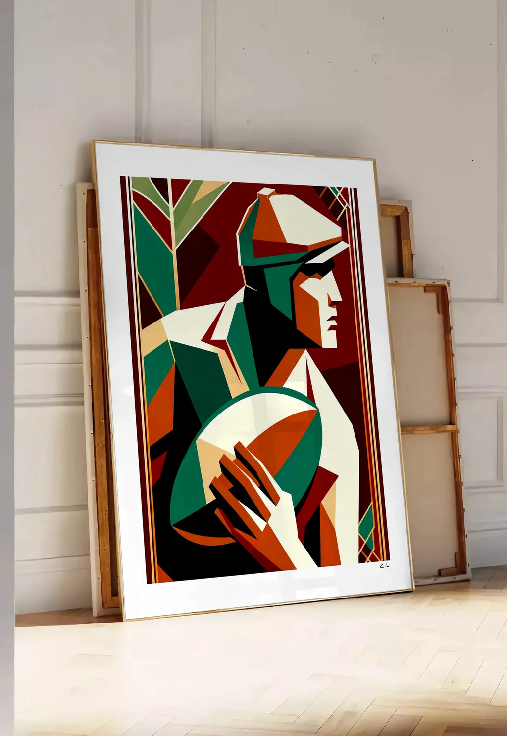 Tirage encadrable affiche rugby art deco, posee au sol dans une entree lumineuse, contre un mur a panneaux blancs, a cote de chassis en bois empiles