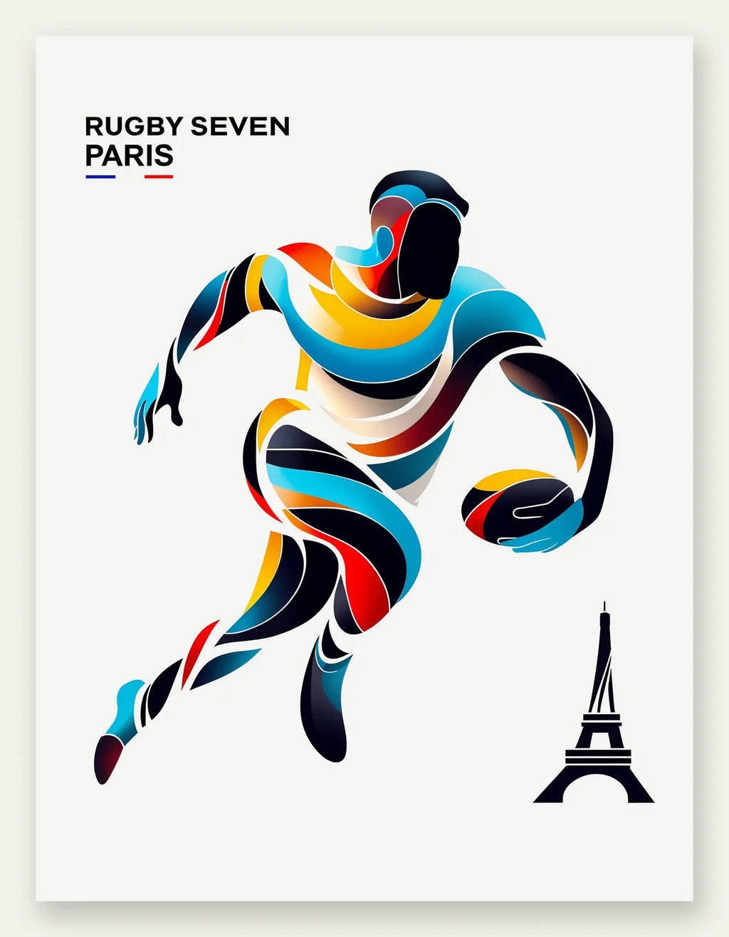Affiche rugby Paris, joueur en course en rubans de couleur et tour Eiffel