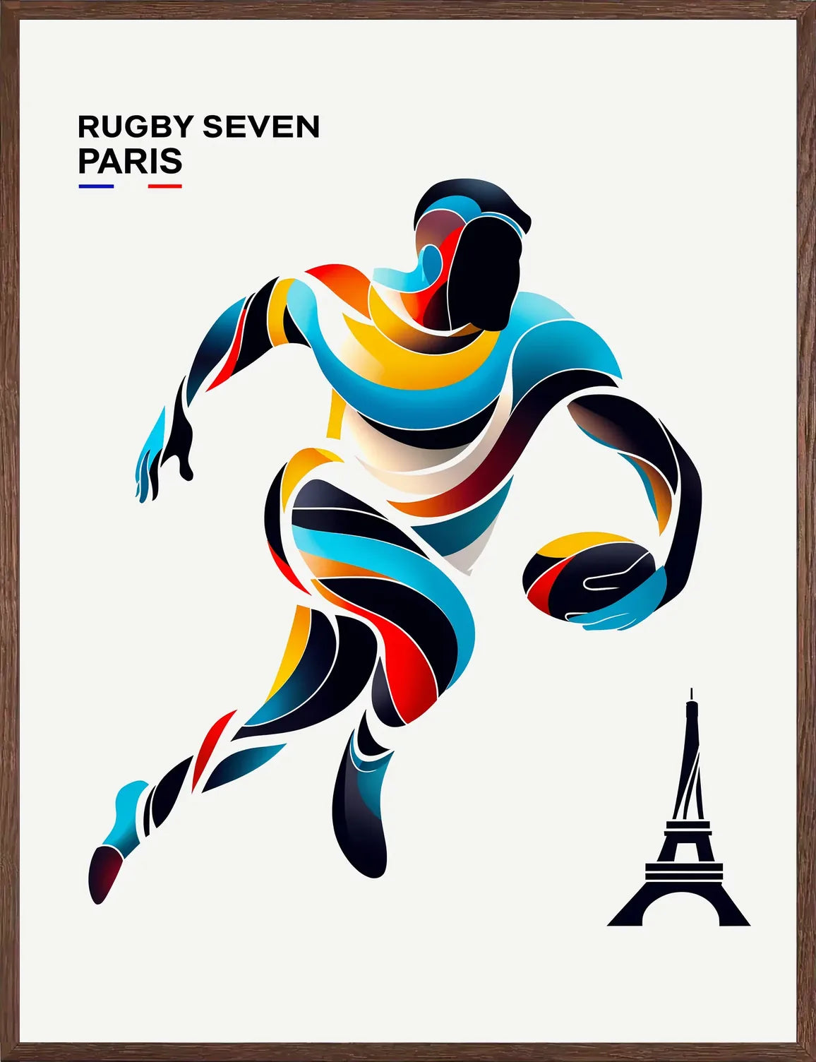 Cadre chene clair entourant l'affiche rugby seven Paris en mouvement
