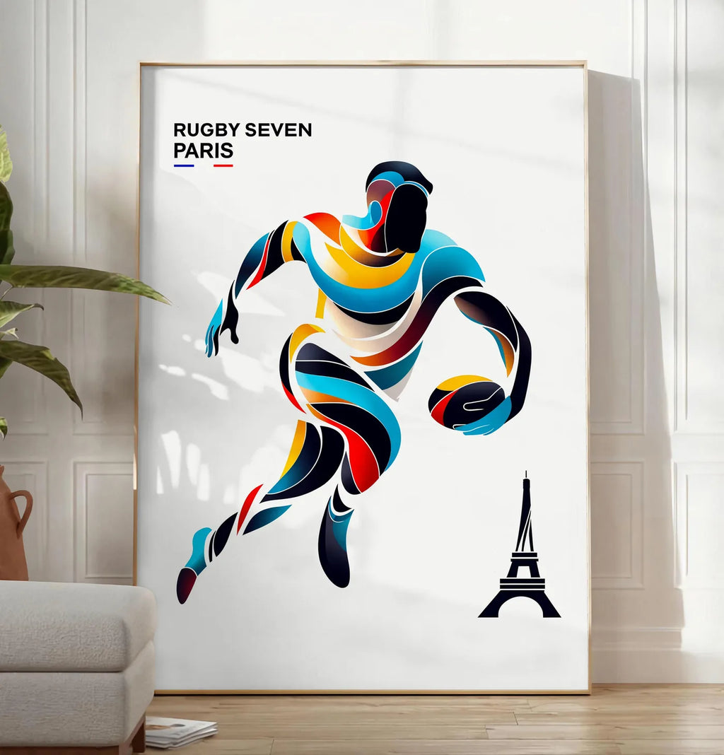 Reproduction affiche rugby Paris, posee au sol dans un salon minimaliste clair, a cote d'un canape beige et d'une plante verte, sur un parquet clair