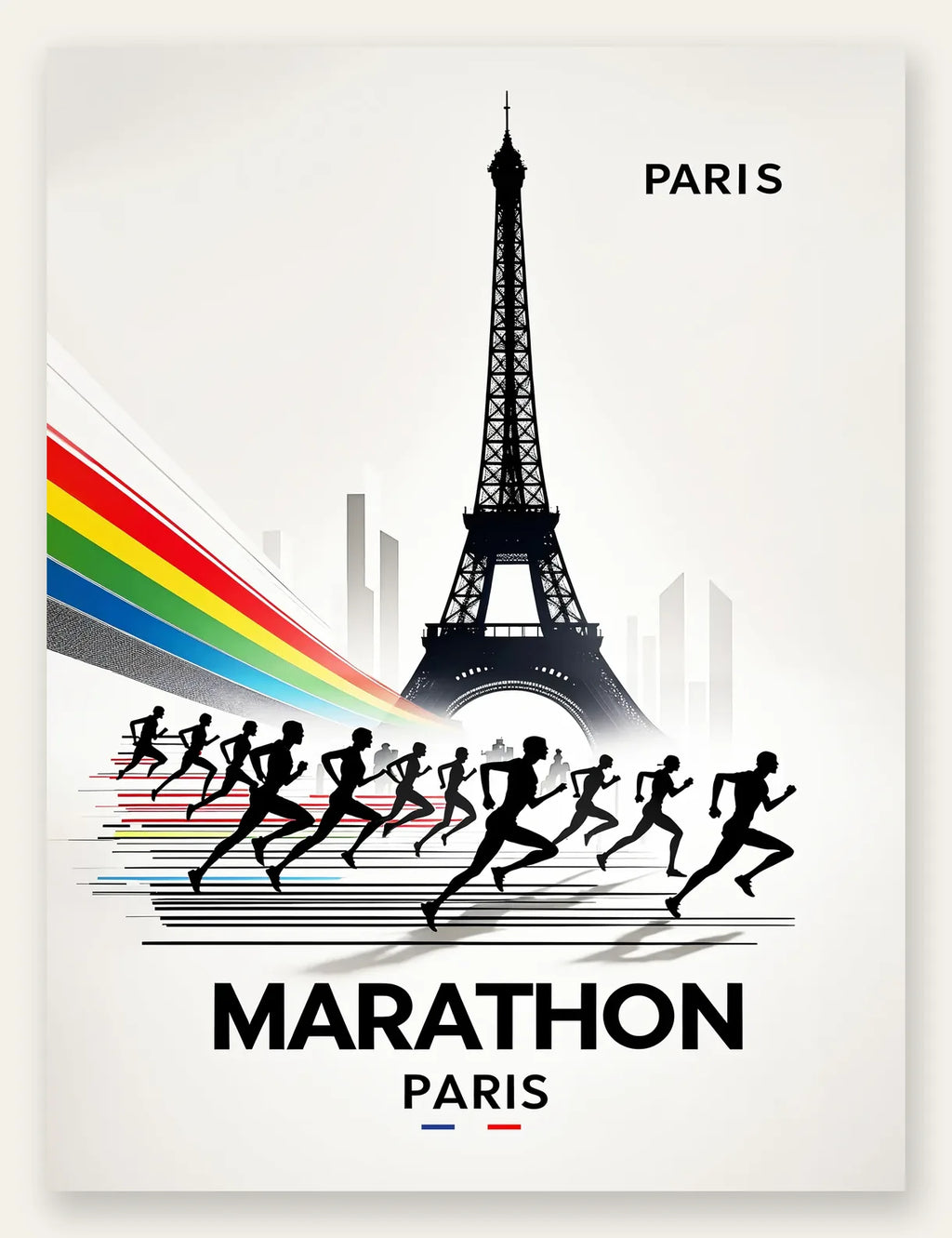 Silhouettes de coureurs devant la Tour Eiffel, bandes diagonales vermillon et bleu de cobalt, typographie MARATHON en majuscules géométriques