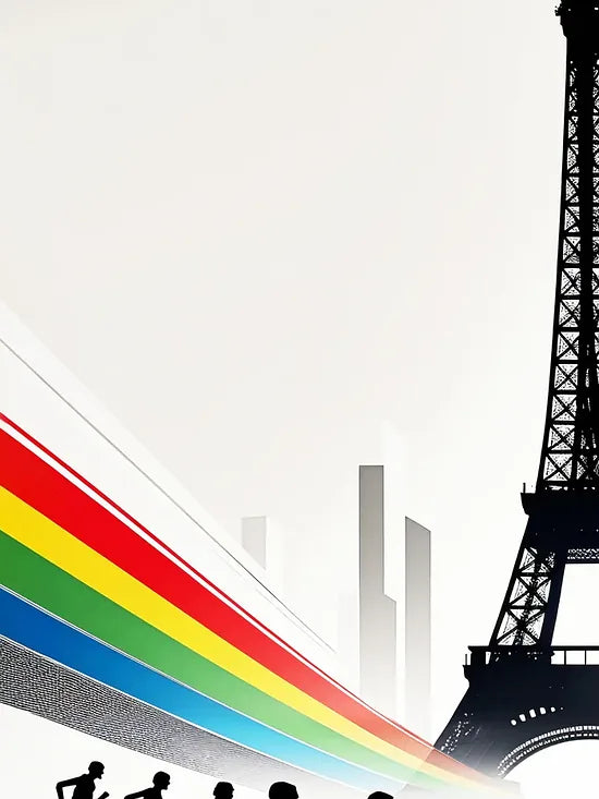 Gros plan sur une silhouette de coureur et les bandes diagonales, grain du papier 275 g/m² visible