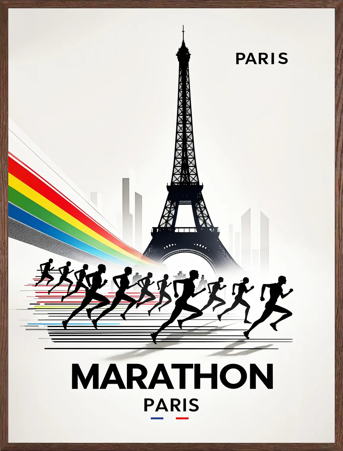Bandes diagonales et Tour Eiffel encadrées en chêne clair, silhouettes de coureurs, finition mat
