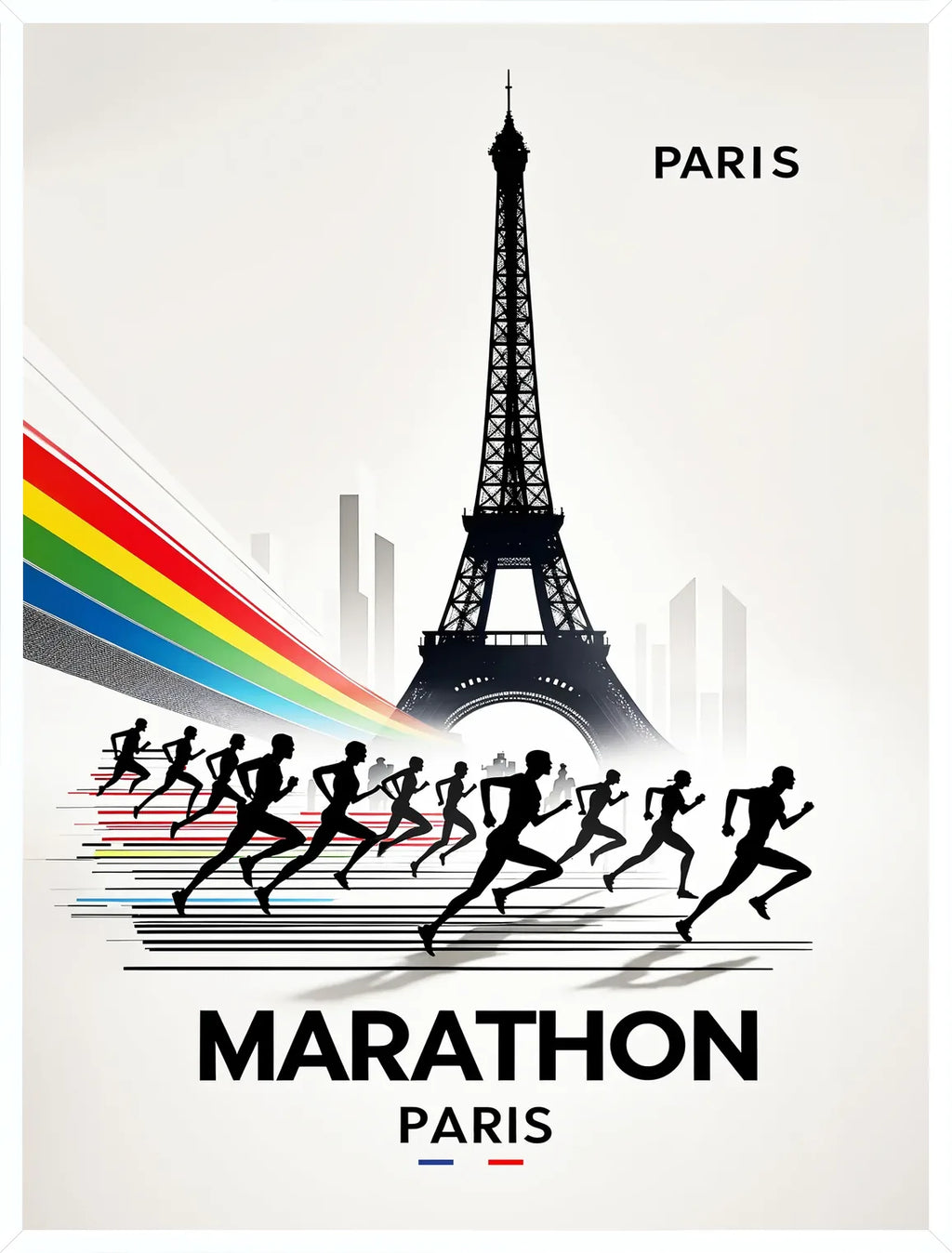 Tour Eiffel et coureurs en cadre blanc fin, look minimal et typographie géométrique