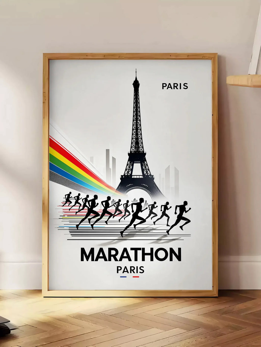 Estampe silhouettes de coureurs devant la Tour Eiffel, posee au sol dans un coin salon, sur un parquet a chevrons, pres d'une table d'appoint en chene chargee de livres