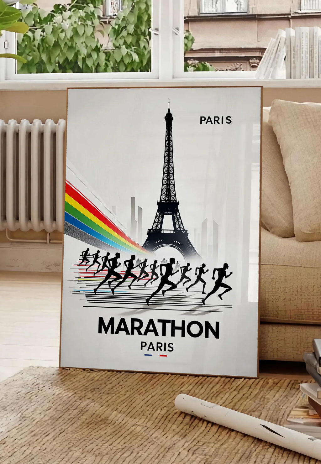 Poster silhouettes de coureurs devant la Tour Eiffel, posee au sol dans un salon parisien, devant une grande fenetre donnant sur un immeuble haussmannien, entre un ficus et un canape creme