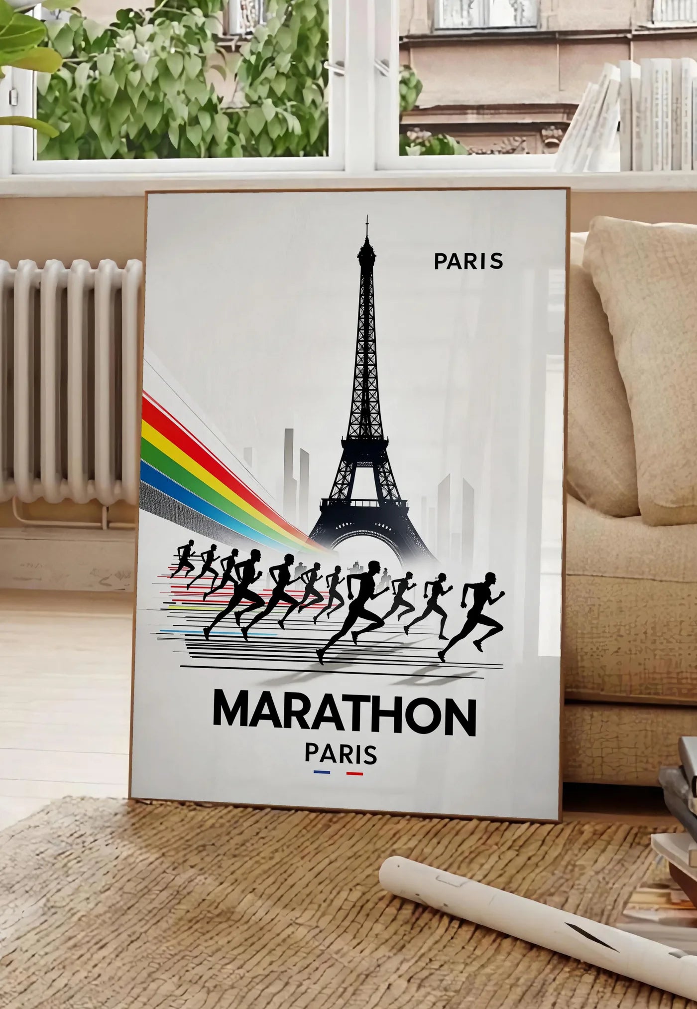Poster silhouettes de coureurs devant la Tour Eiffel, posee au sol dans un salon parisien, devant une grande fenetre donnant sur un immeuble haussmannien, entre un ficus et un canape creme