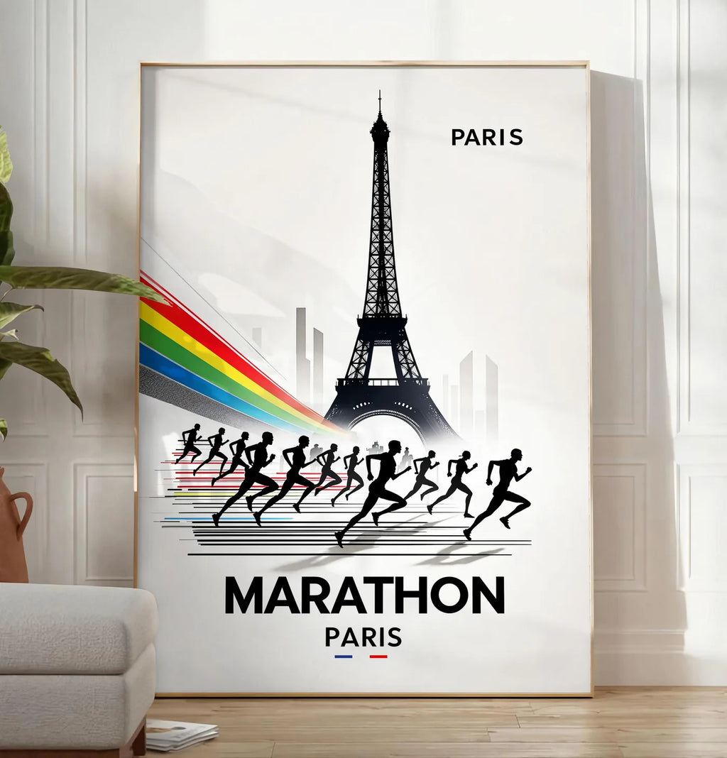 Reproduction silhouettes de coureurs devant la Tour Eiffel, posee au sol dans un salon minimaliste clair, a cote d'un canape beige et d'une plante verte, sur un parquet clair