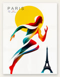 Affiche Paris 100 metres, sprinteuse abstraite coloree en mouvement et Tour Eiffel