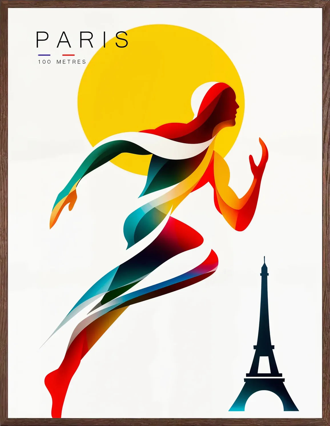 Cadre chene clair entourant l'affiche Paris 100 metres course
