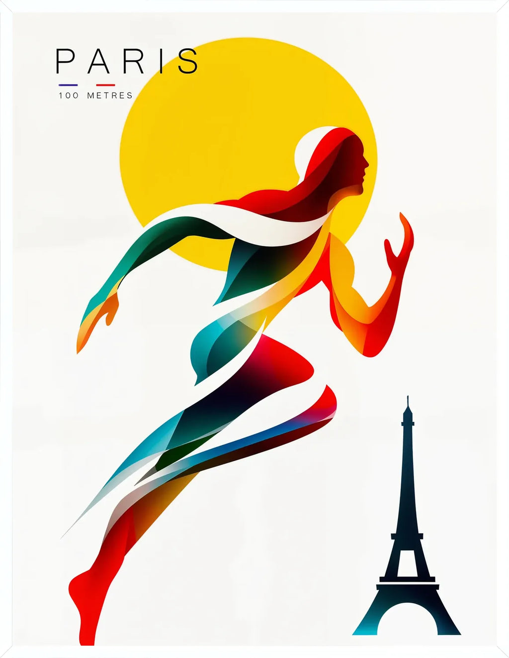 Cadre blanc epure presentant l'affiche Paris 100 metres sprinteuse