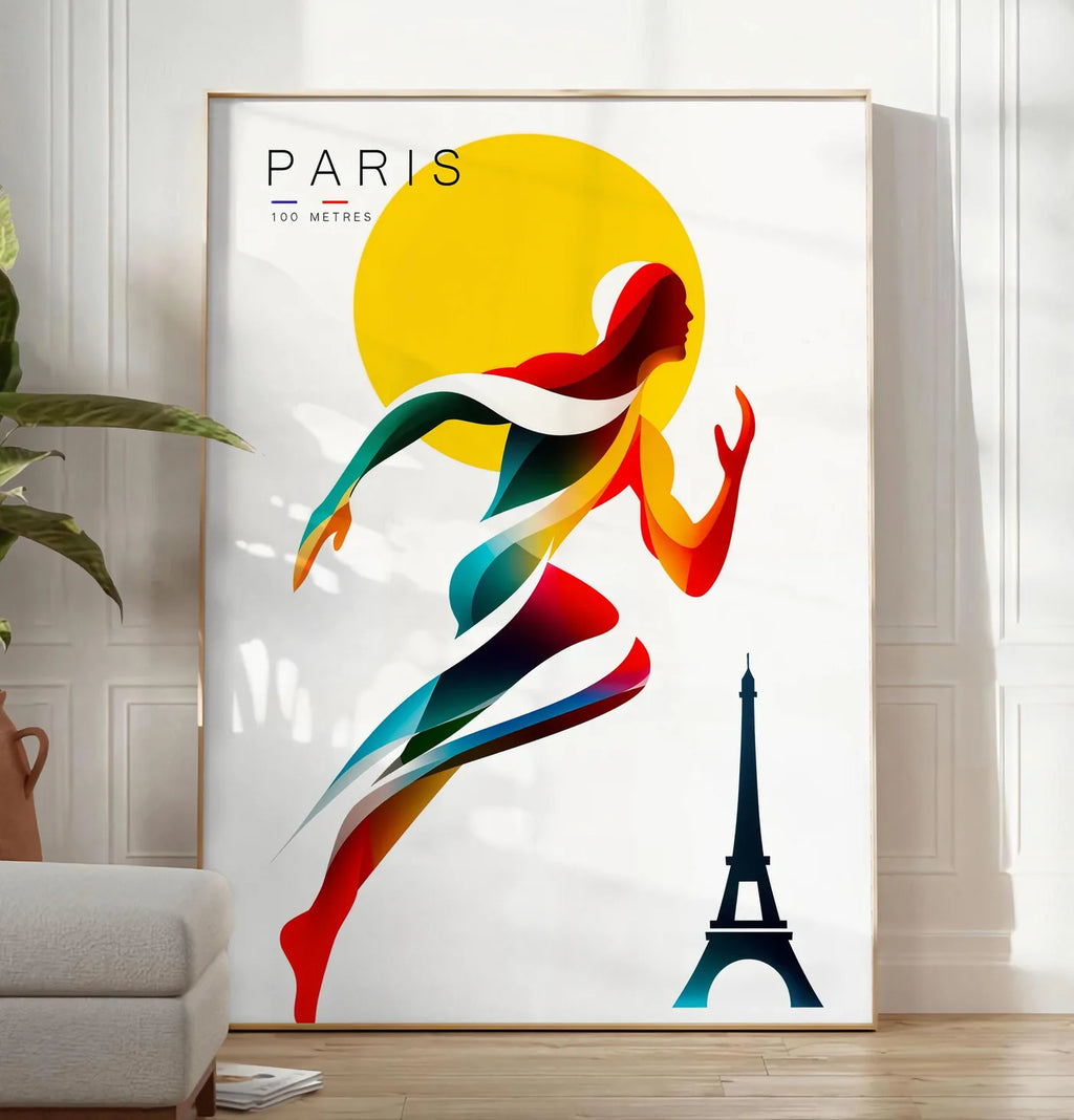 Reproduction affiche Paris 100 metres, posee au sol dans un salon minimaliste clair, a cote d'un canape beige et d'une plante verte, sur un parquet clair