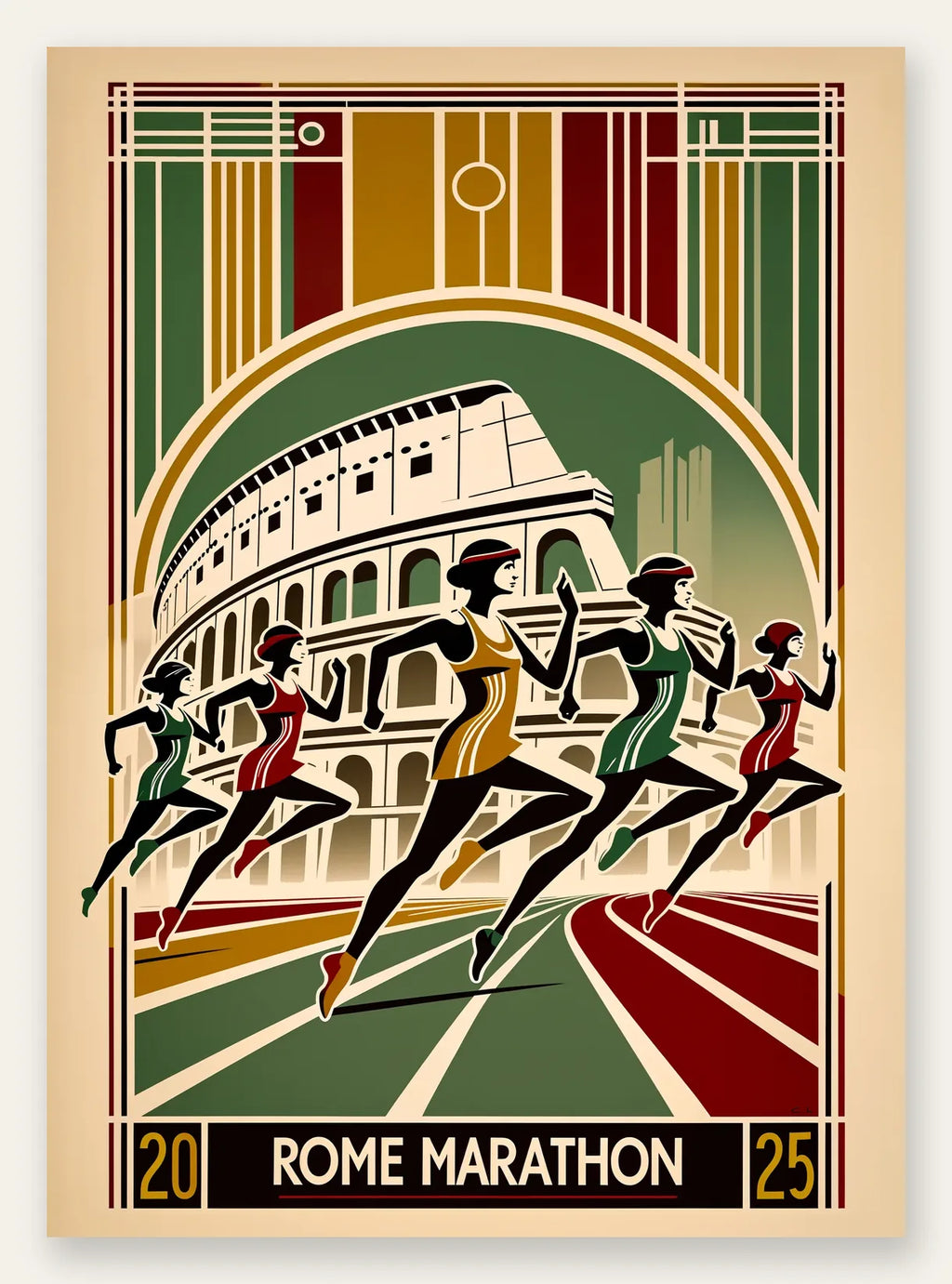 Coureuses stylisées traversent une piste devant le Colisée, palette ocre jaune, rouge brique et noir d'ivoire