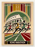 Coureuses stylisées traversent une piste devant le Colisée, palette ocre jaune, rouge brique et noir d'ivoire
