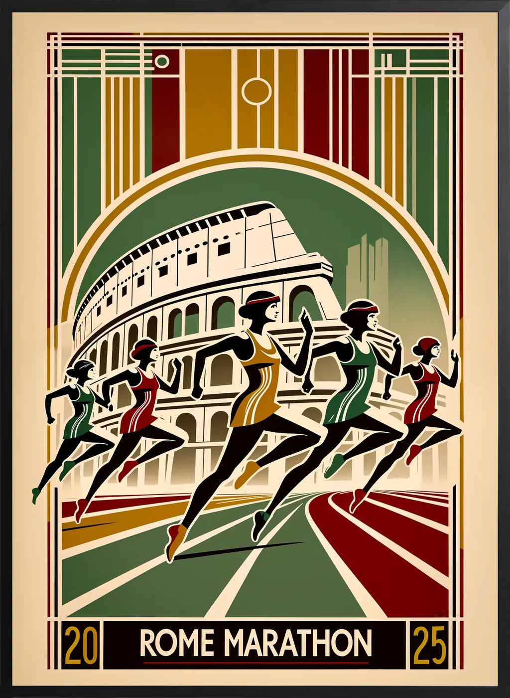 Foule de coureuses encadrée noir mat, lettrage sans serif Art Deco en bas de l'image