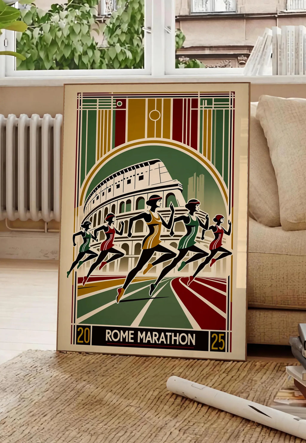 Poster coureuses stylisées traversent une piste devant le Colisée, posee au sol dans un salon parisien, devant une grande fenetre donnant sur un immeuble haussmannien, entre un ficus et un canape creme