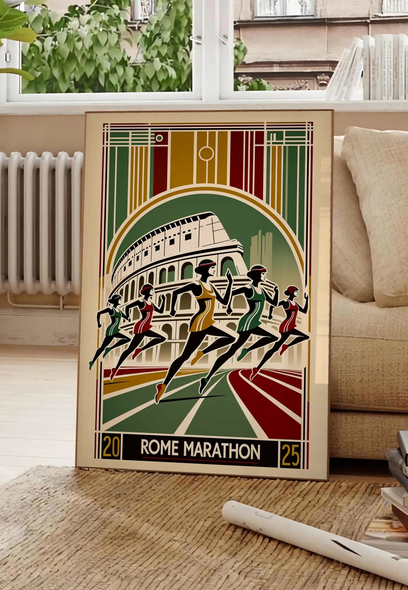 Poster coureuses stylisées traversent une piste devant le Colisée, posee au sol dans un salon parisien, devant une grande fenetre donnant sur un immeuble haussmannien, entre un ficus et un canape creme