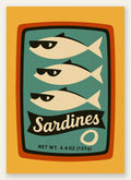 Affiche cuisine sardines, boite vintage et poissons a lunettes sur fond jaune moutarde