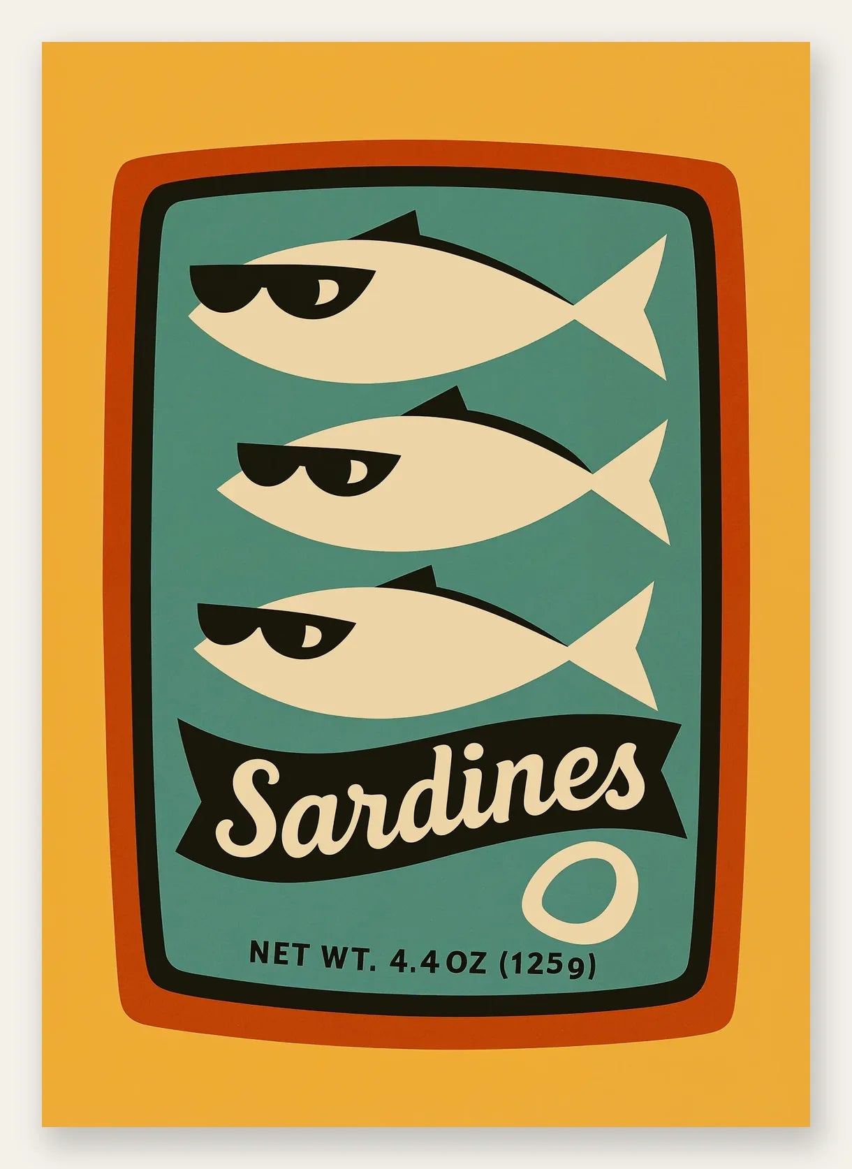 Affiche cuisine sardines, boite vintage et poissons a lunettes sur fond jaune moutarde