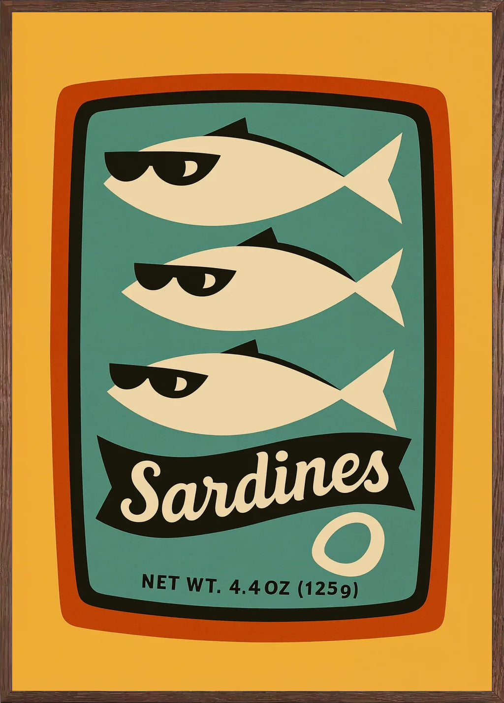 Cadre chene clair entourant l'affiche cuisine sardines conserve retro