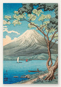 Affiche Mont Fuji estampe, lac Yamanaka avec voiliers et arbre en fleurs