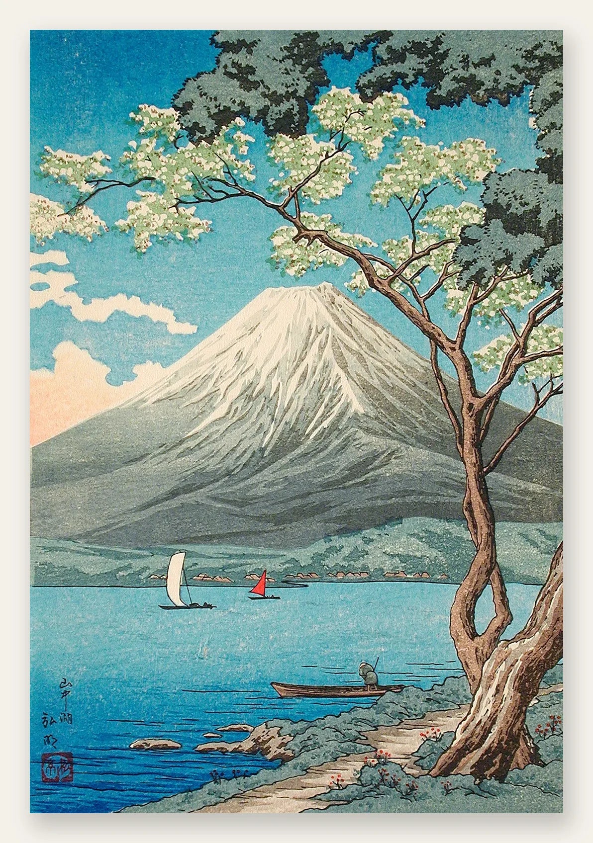 Affiche Mont Fuji estampe, lac Yamanaka avec voiliers et arbre en fleurs