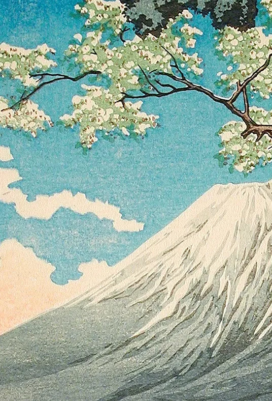 Gros plan sur le Mont Fuji reflete et les voiliers sur le lac