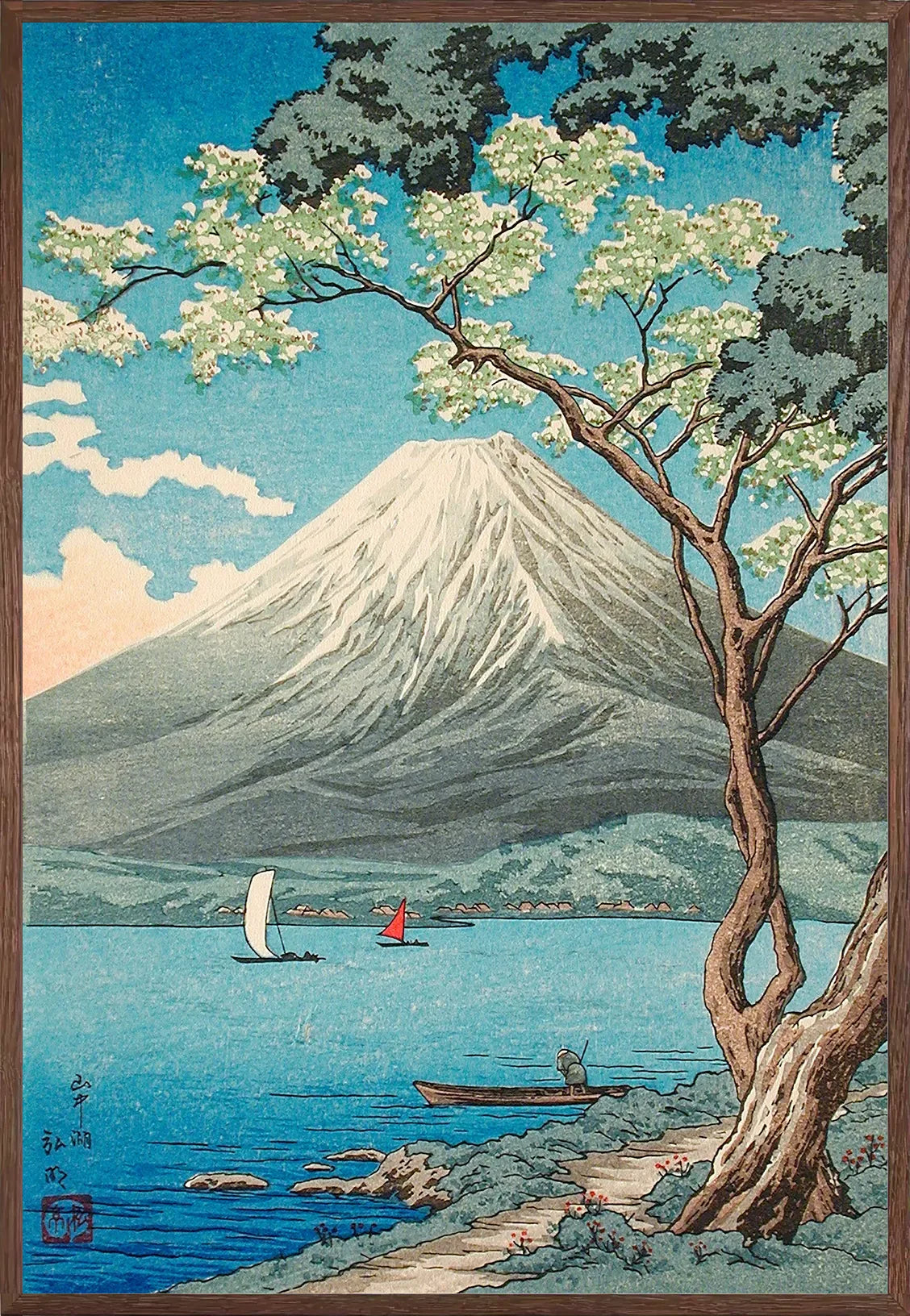 Cadre chene clair entourant l'affiche Mont Fuji lac Shotei