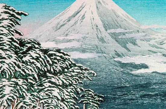 Gros plan sur le Mont Fuji enneige et les pins charges de neige
