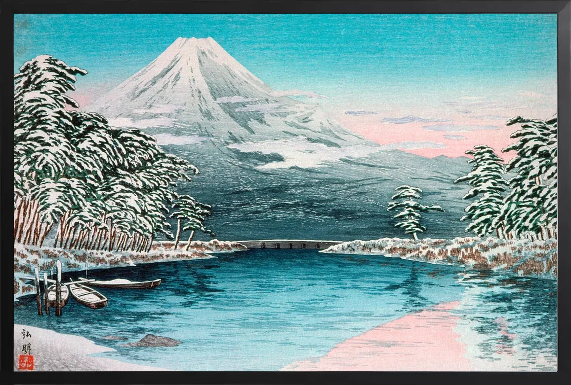 Encadrement noir mat autour du Mont Fuji enneige et du lac