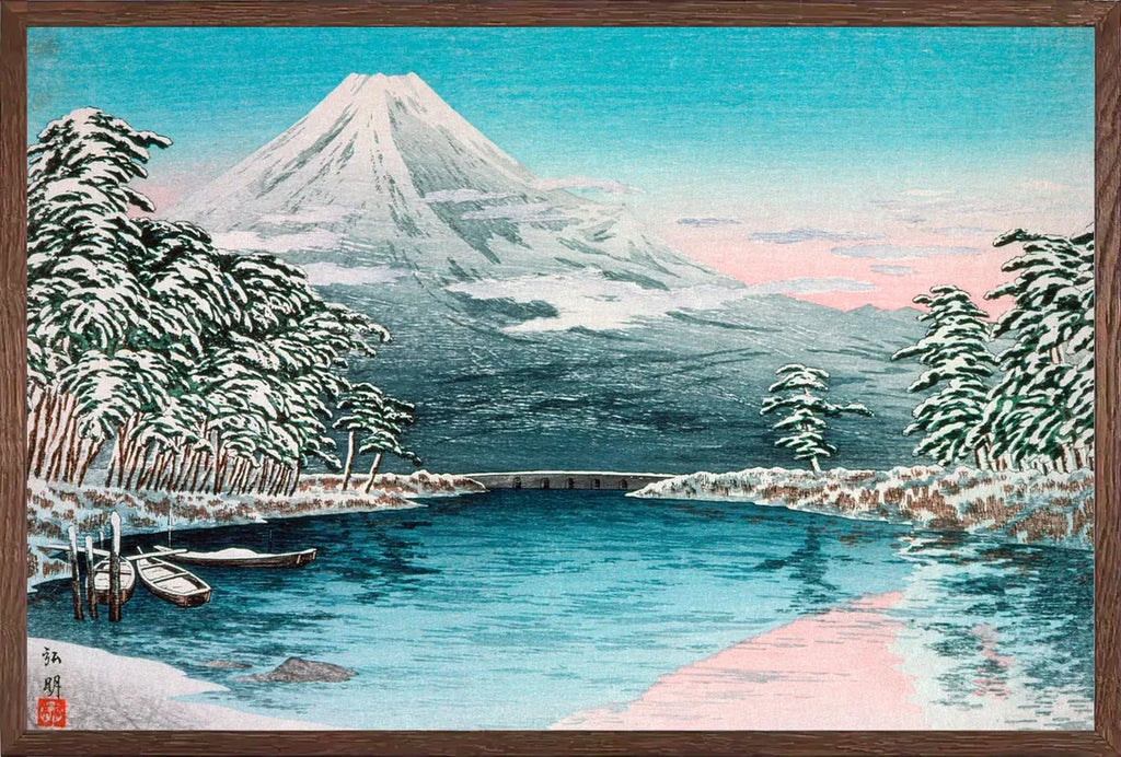 Cadre chene clair entourant l'affiche Mont Fuji neige Shotei