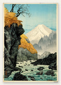 Affiche Mont Fuji estampe, rapides blancs et gorge rocheuse au feuillage dore