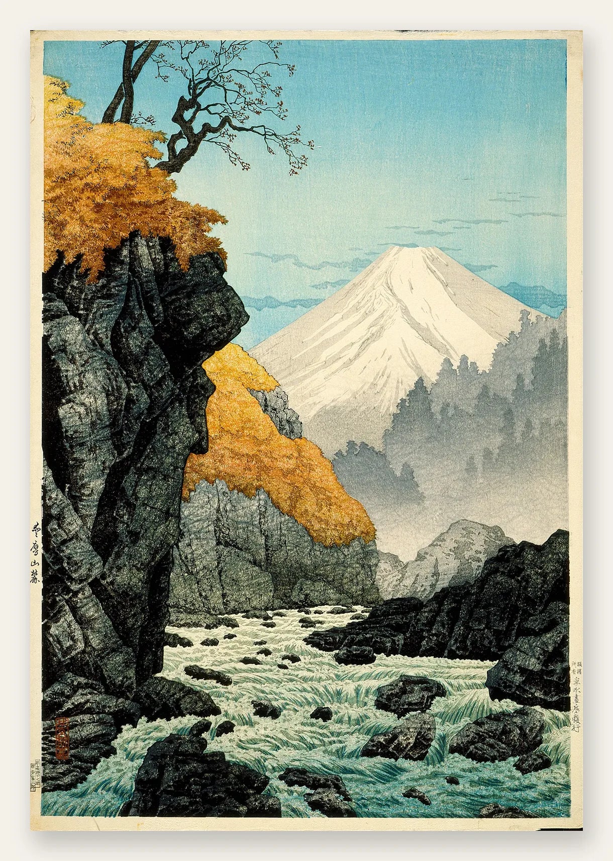Affiche Mont Fuji estampe, rapides blancs et gorge rocheuse au feuillage dore