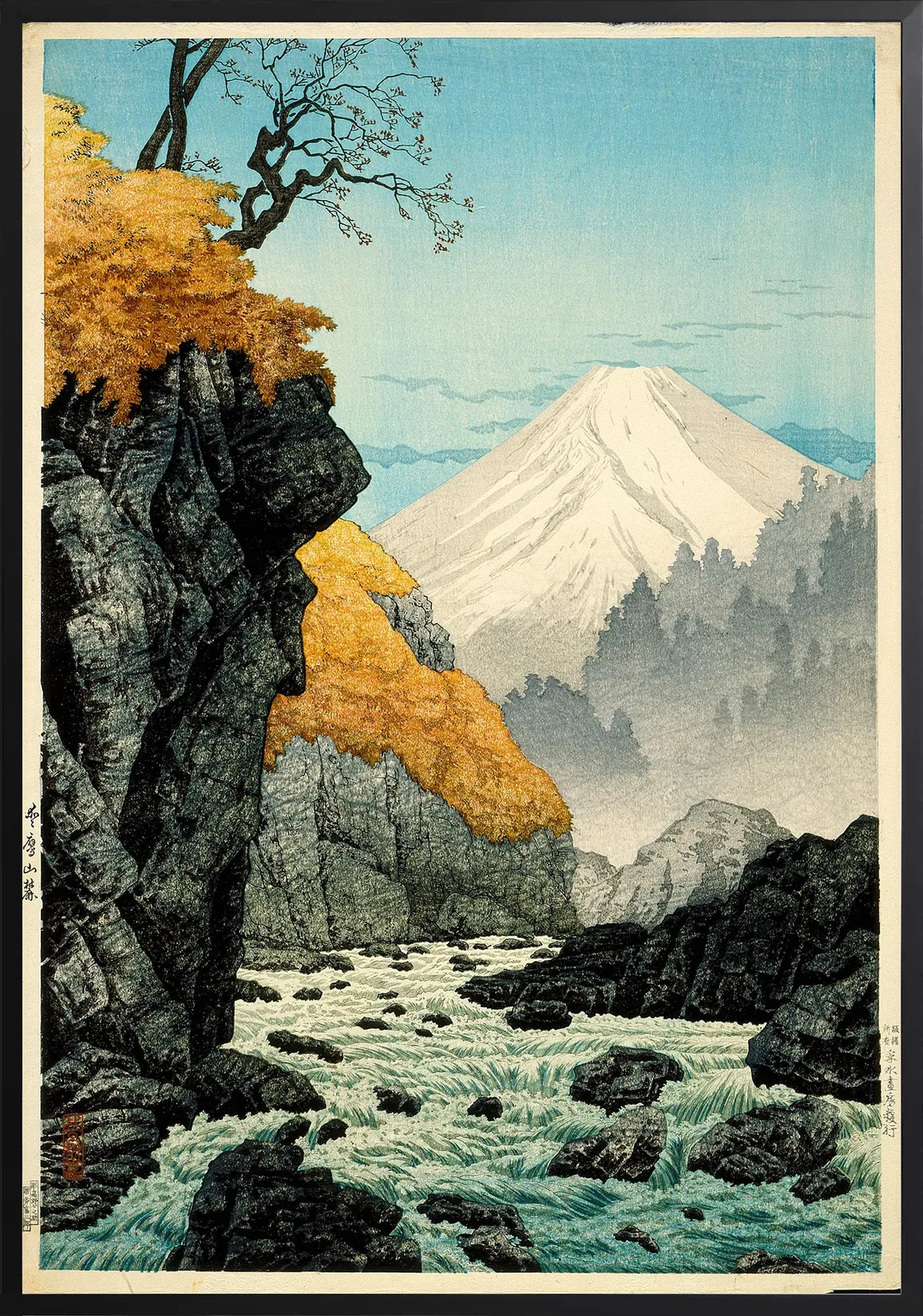 Encadrement noir mat autour du Mont Fuji et des rapides
