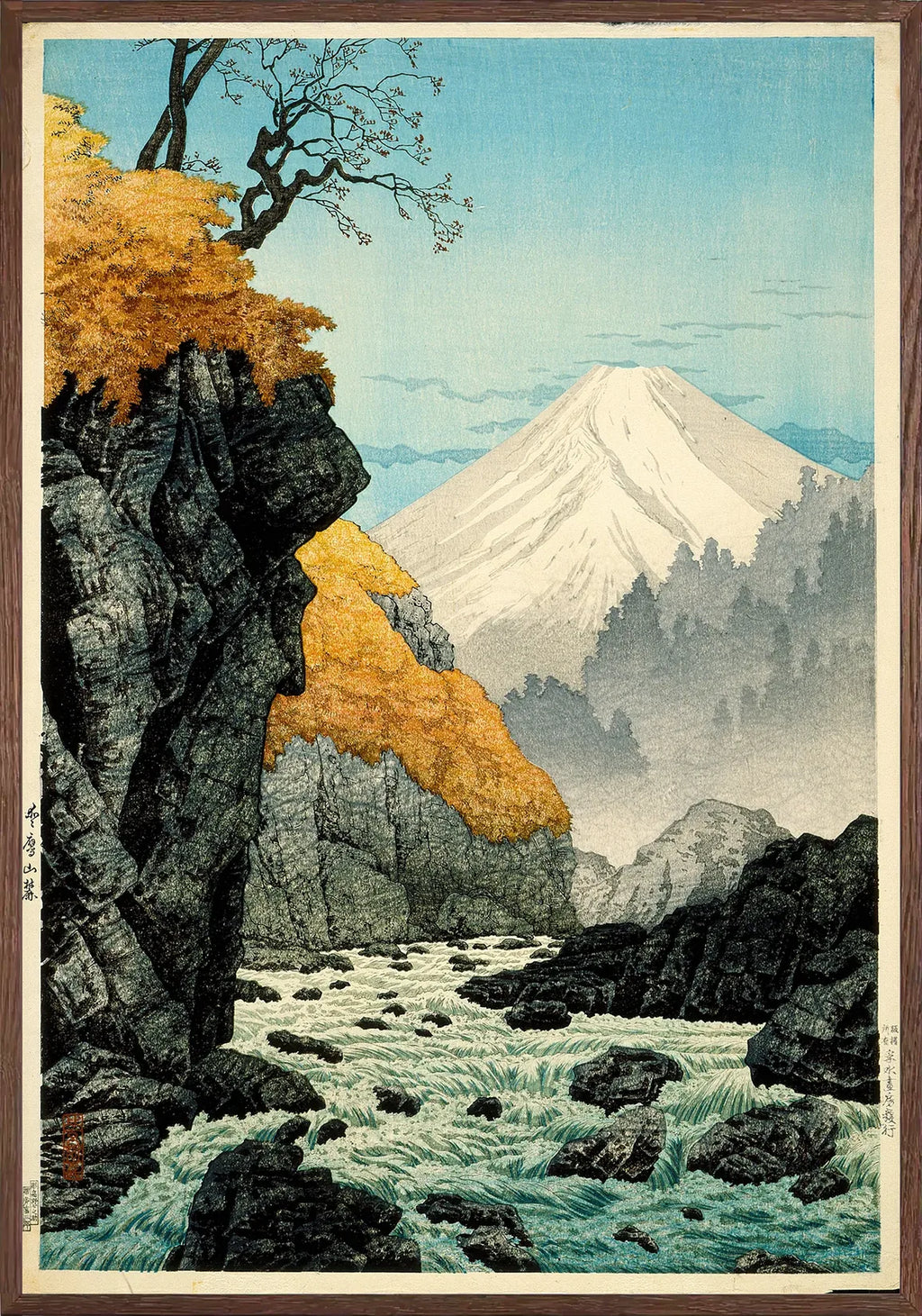 Cadre chene clair entourant l'affiche Mont Fuji rapides Shotei