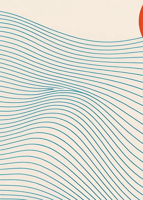 Gros plan sur le soleil rouge et les vagues japonaises au trait fin