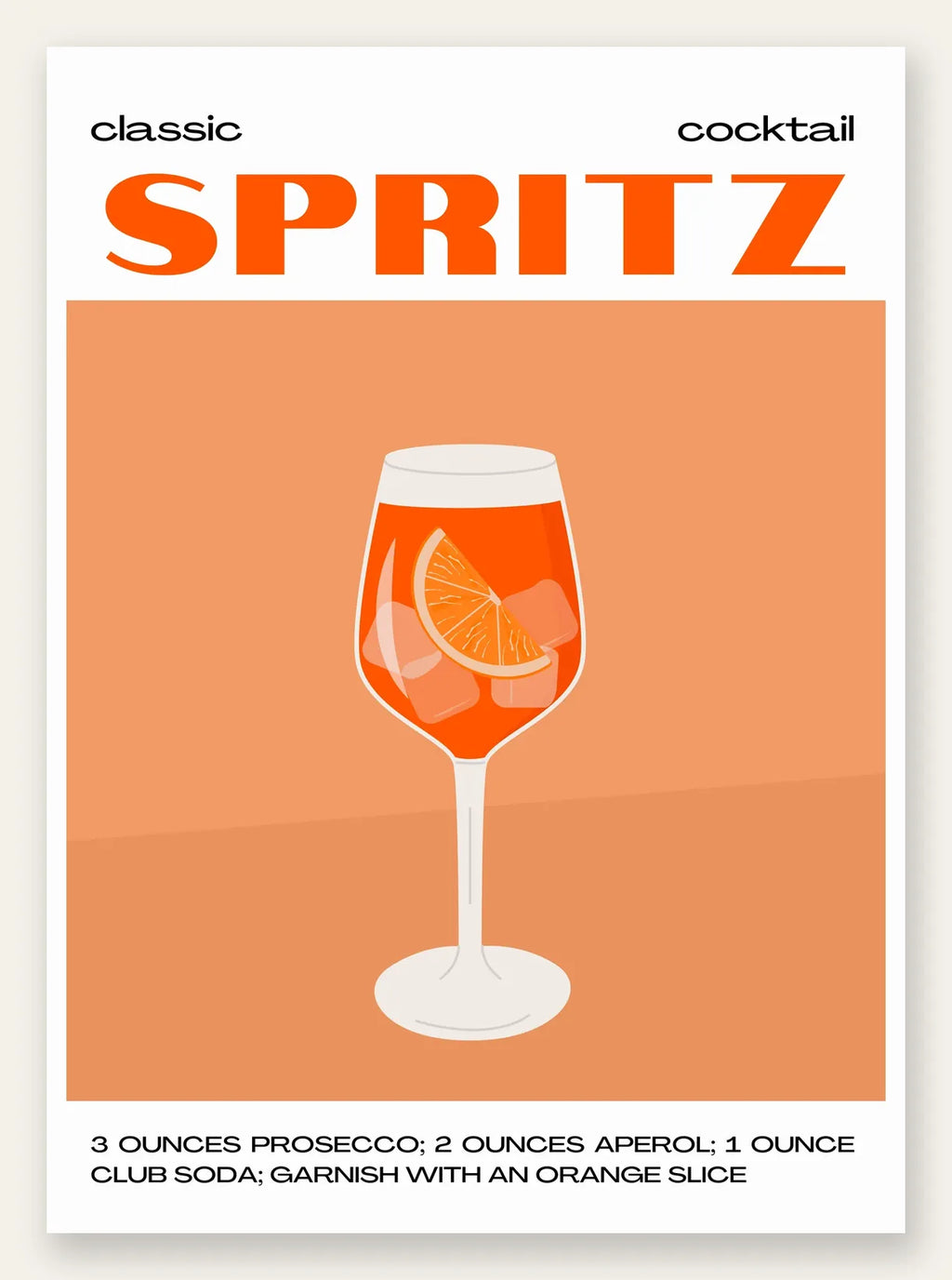 Affiche cocktail Spritz, verre a vin orange, tranche d'orange et glacons sur fond orange