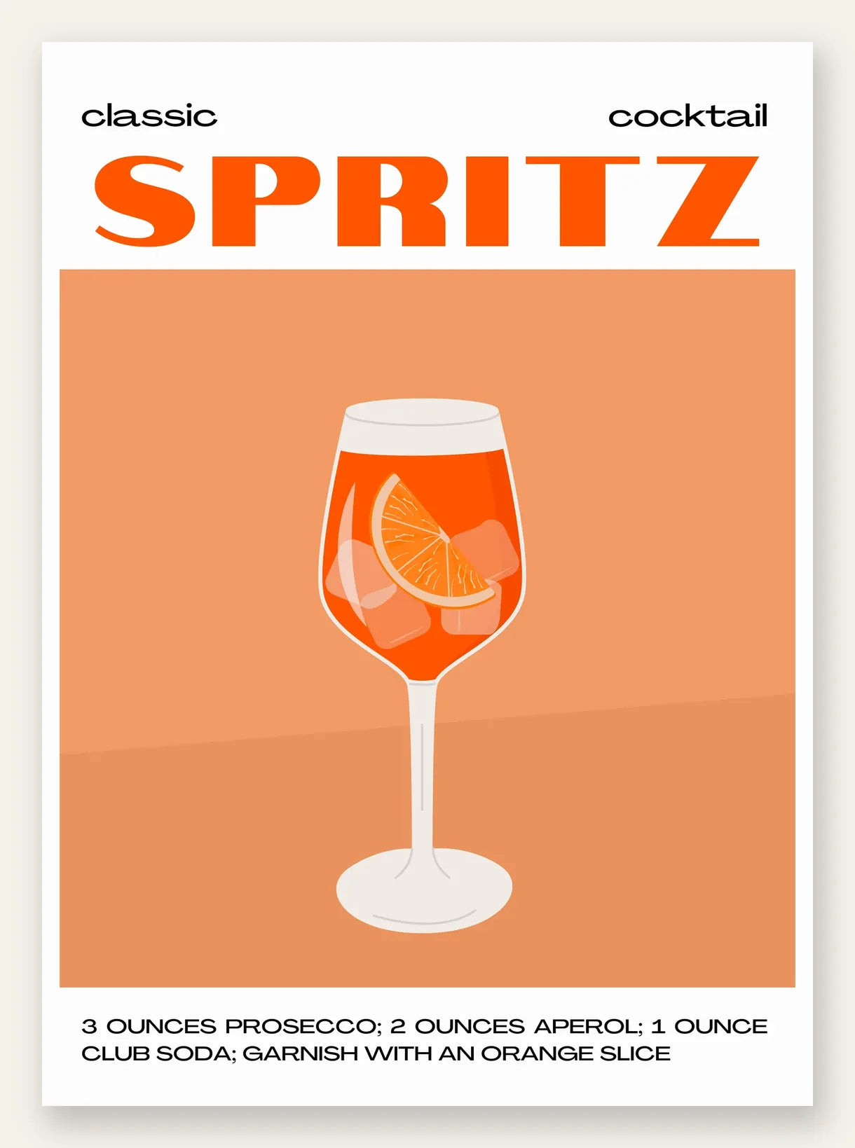 Affiche cocktail Spritz, verre a vin orange, tranche d'orange et glacons sur fond orange