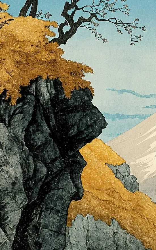 Gros plan sur le mont Fuji enneige et la riviere de Takahashi Hiroaki