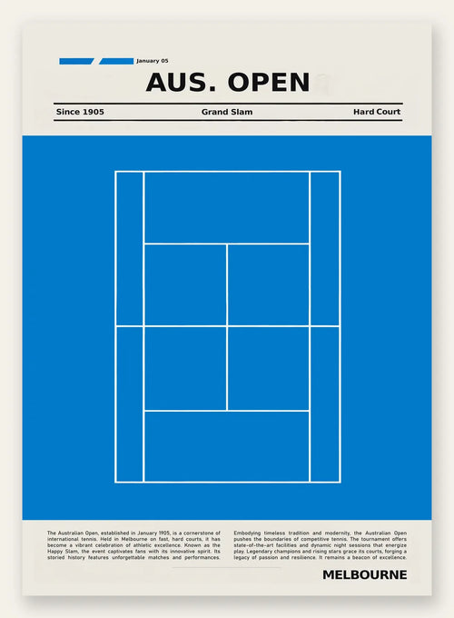 Court de tennis stylisé, grand champ bleu de cobalt et lignes blanches, bande crème en haut avec le titre AUS. OPEN