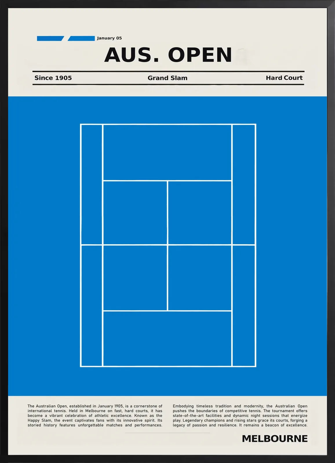 Poster noir court bleu uniforme, typographie majuscule AUS. OPEN sur bande creme