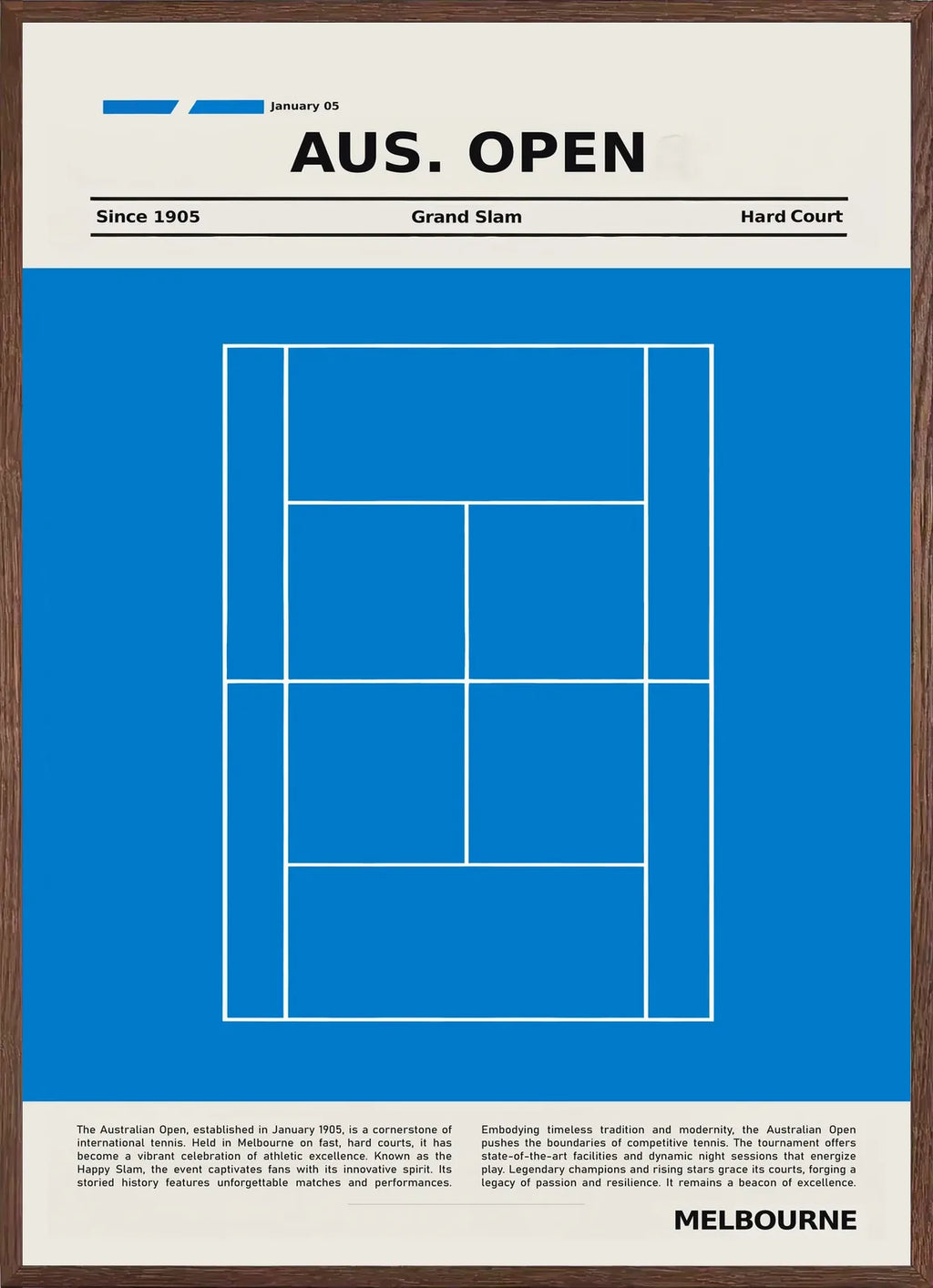 Affiche encadree chene, court de tennis stylise en bleu et lignes blanches, finition mate
