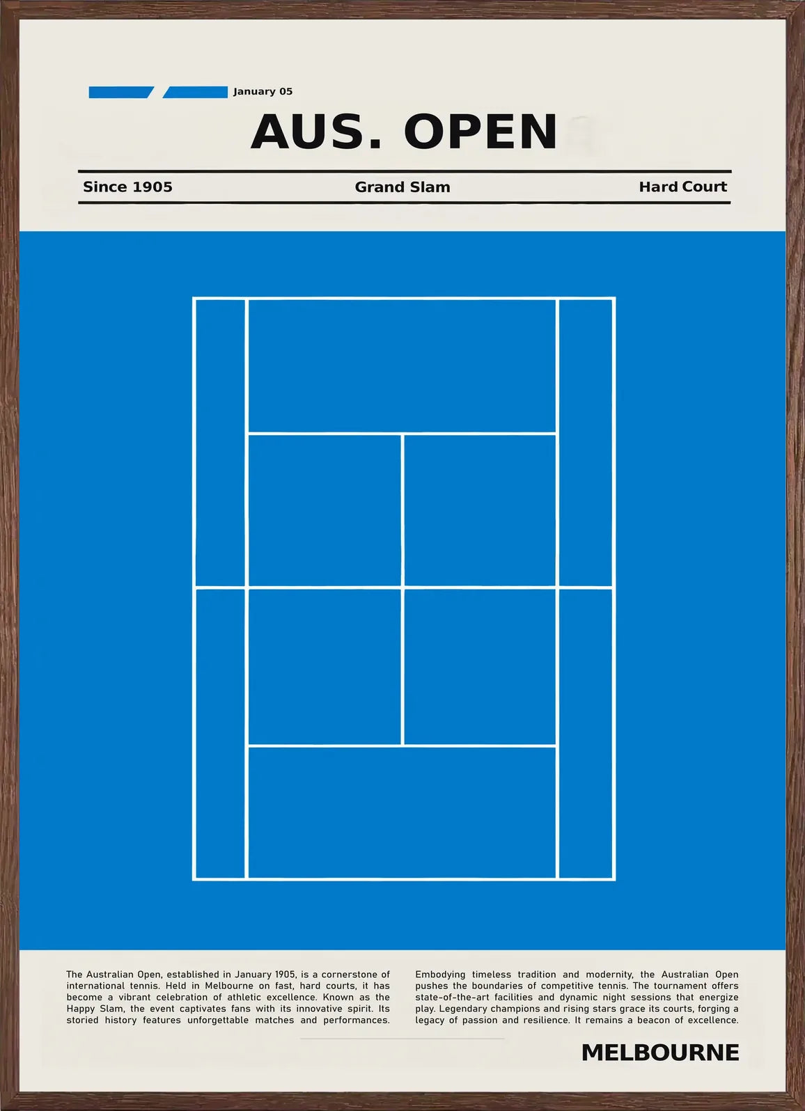 Affiche encadree chene, court de tennis stylise en bleu et lignes blanches, finition mate