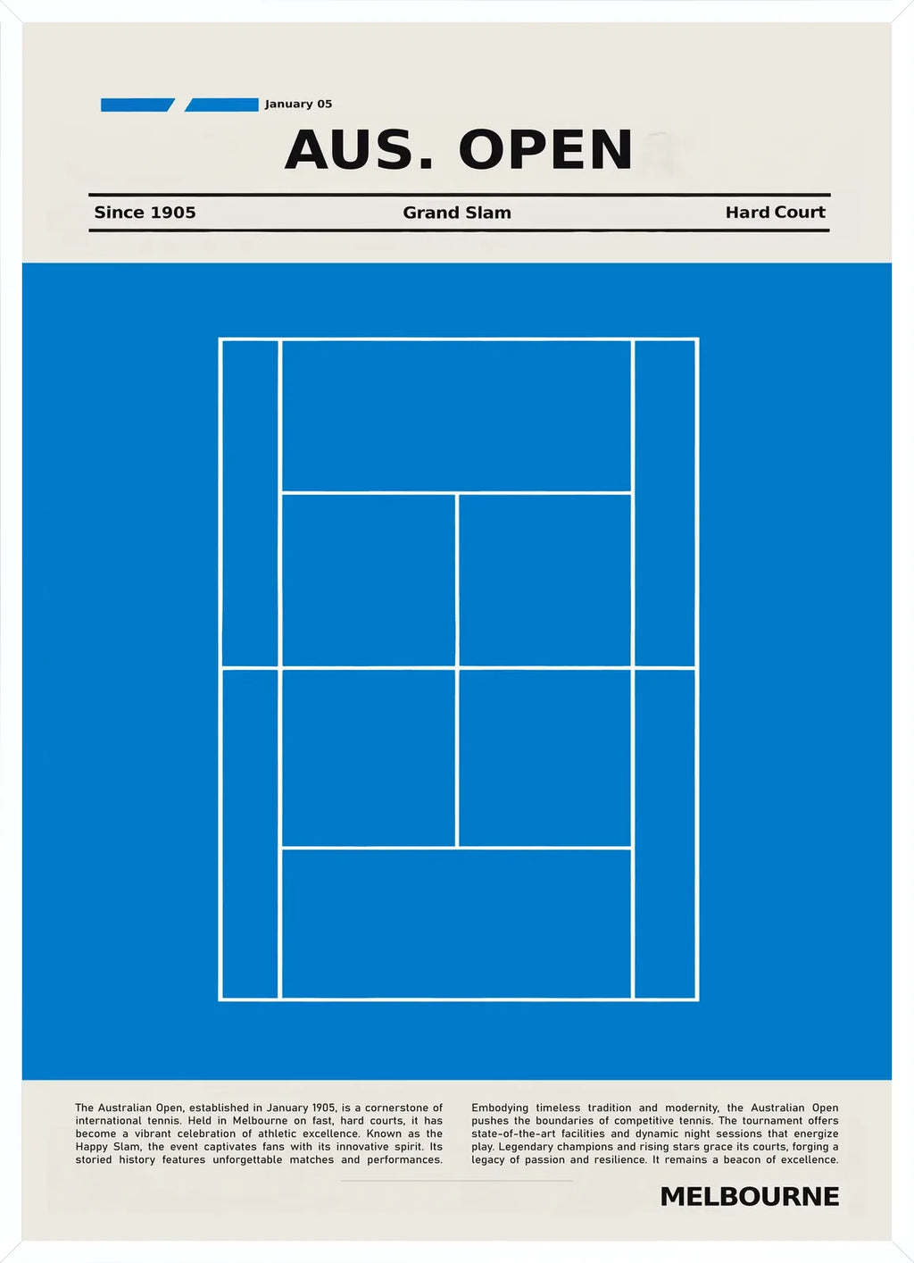 Minimal poster court bleu de cobalt, schema de court de tennis en lignes blanches, cadre blanc fin