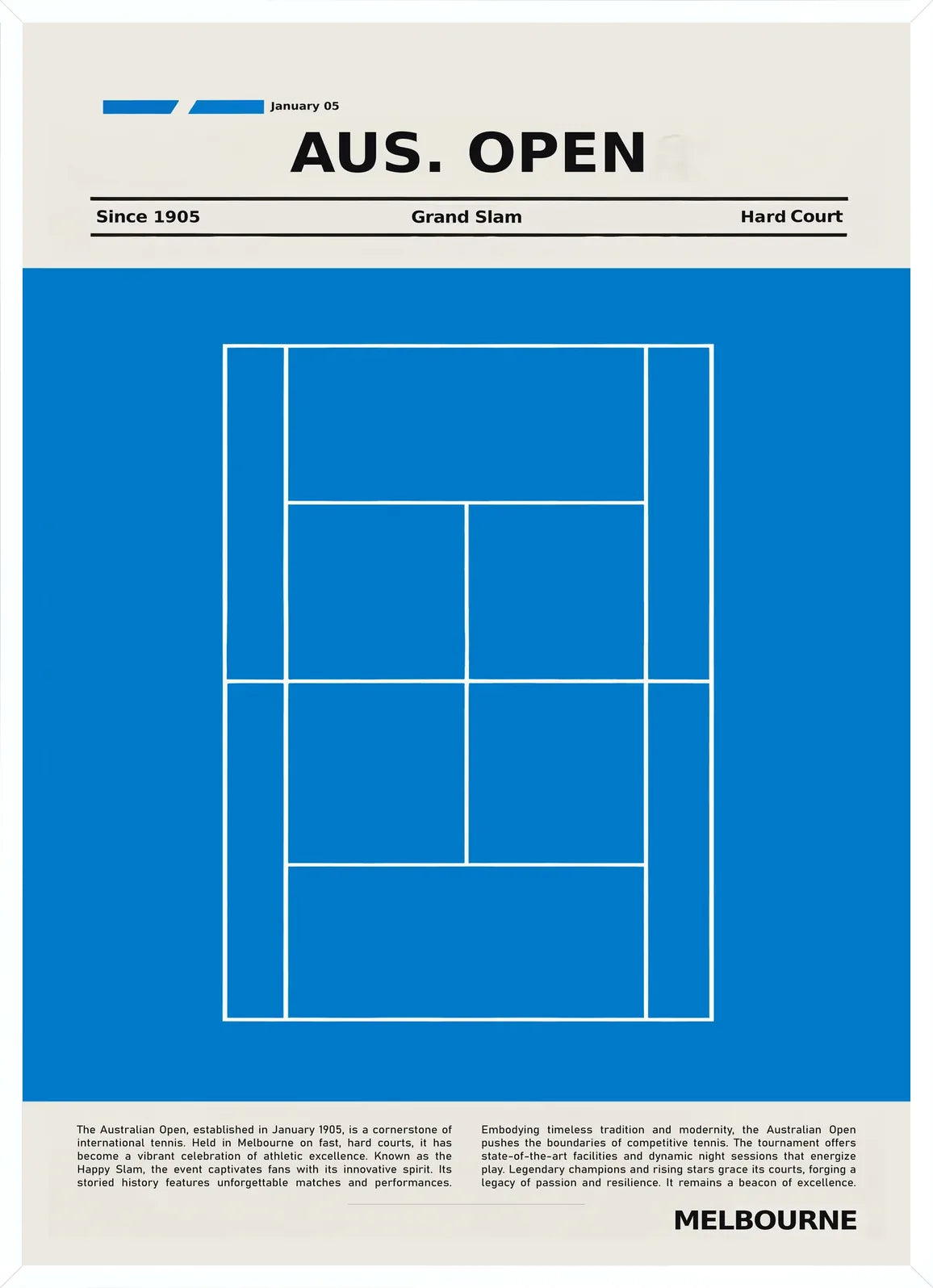 Minimal poster court bleu de cobalt, schema de court de tennis en lignes blanches, cadre blanc fin