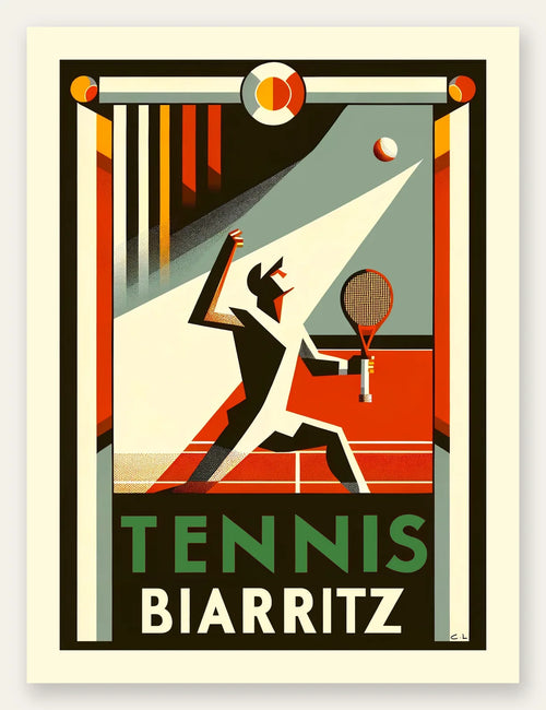 Silhouette de joueur de tennis stylisé frappant une balle, palette blanc cassé, rouge brique et bleu de cobalt